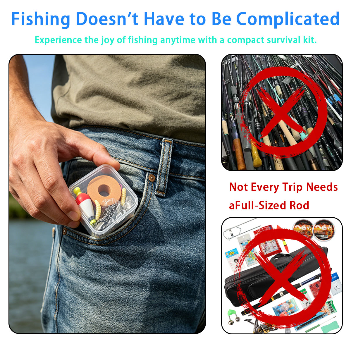 Fishing Lure Kit - ชุดอุปกรณ์ตกปลาฉุกเฉินแบบพกพา，ชุดอุปกรณ์ตกปลาฉุกเฉินกลางแจ้งแบบพกพาพร้อมบ็อบเบอร์, ตะขอ, เหยื่อล่อ, สายเอ็น และกล่องเก็บของ