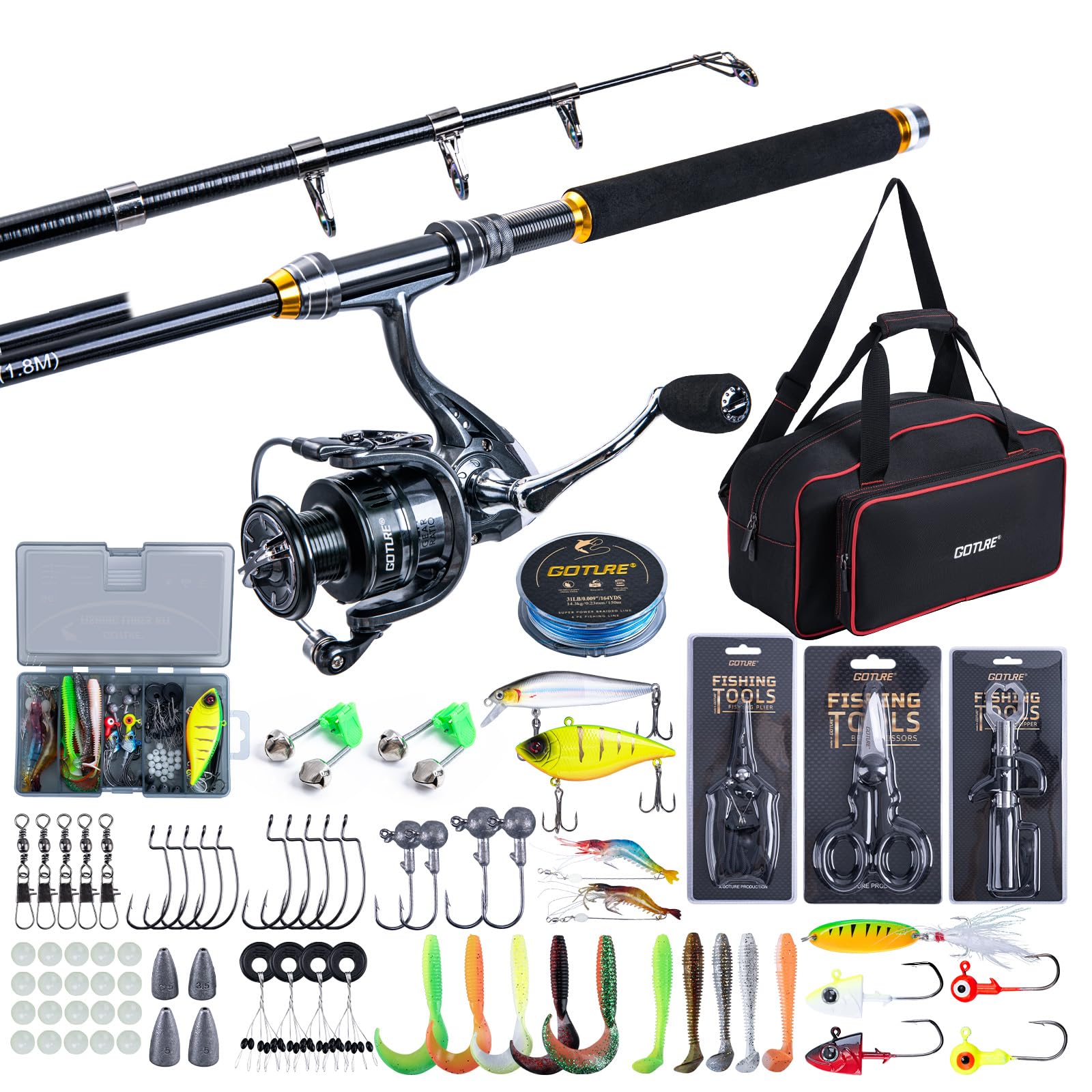 Fishing Lure Spinner - ชุดคันเบ็ดตกปลาแบบยืดหดได้ Goture พร้อมรอก 1.8ม.-2.7ม. คันเบ็ดแบบยืดหดได้ รอกสปินนิ่ง